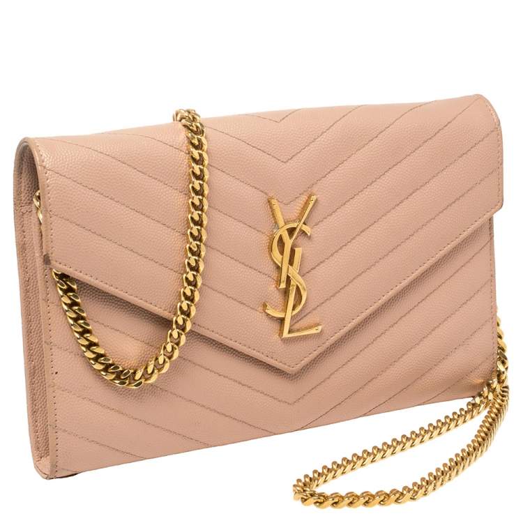 Pre Owned Saint Laurent Pink Matelasse Leather Monogram Envelope Wallet on Chain