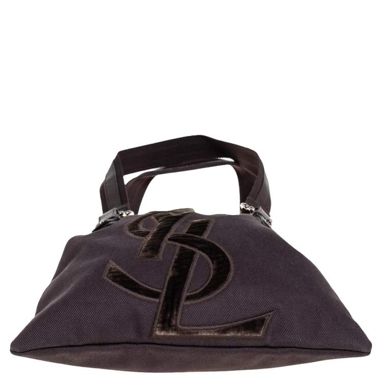 Pre Owned Yves Saint Laurent Chocolate Brown Canvas and Velvet Kahala Drawstring Tote