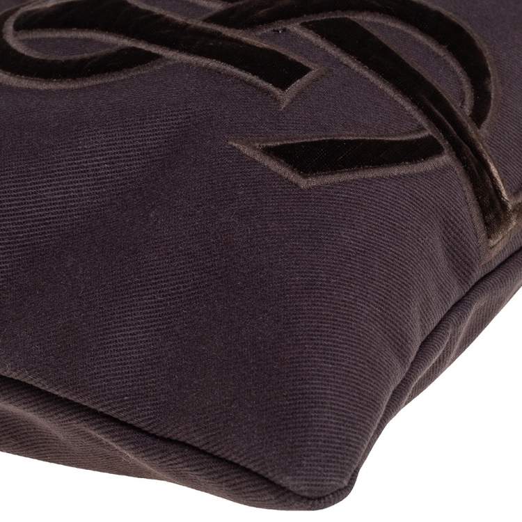 Pre Owned Yves Saint Laurent Chocolate Brown Canvas and Velvet Kahala Drawstring Tote