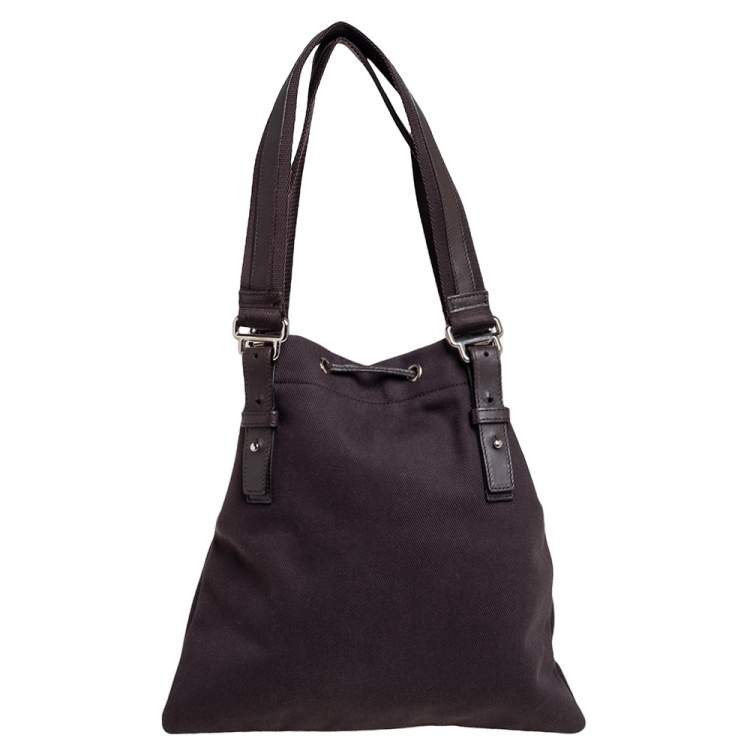 Pre Owned Yves Saint Laurent Chocolate Brown Canvas and Velvet Kahala Drawstring Tote