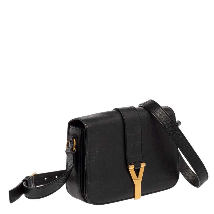 Pre Owned Yves Saint Laurent Black Leather Y-Ligne Flap Crossbody Bag