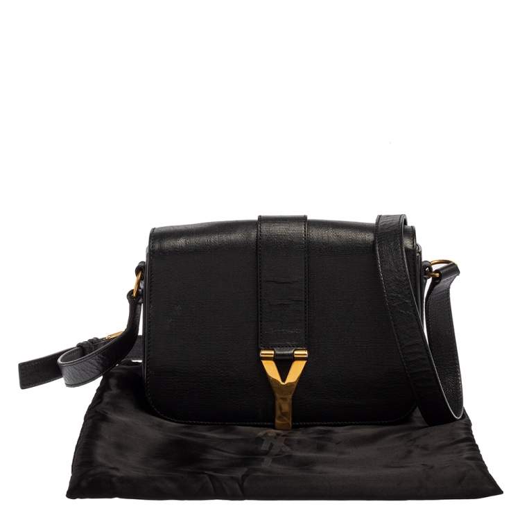 Pre Owned Yves Saint Laurent Black Leather Y-Ligne Flap Crossbody Bag