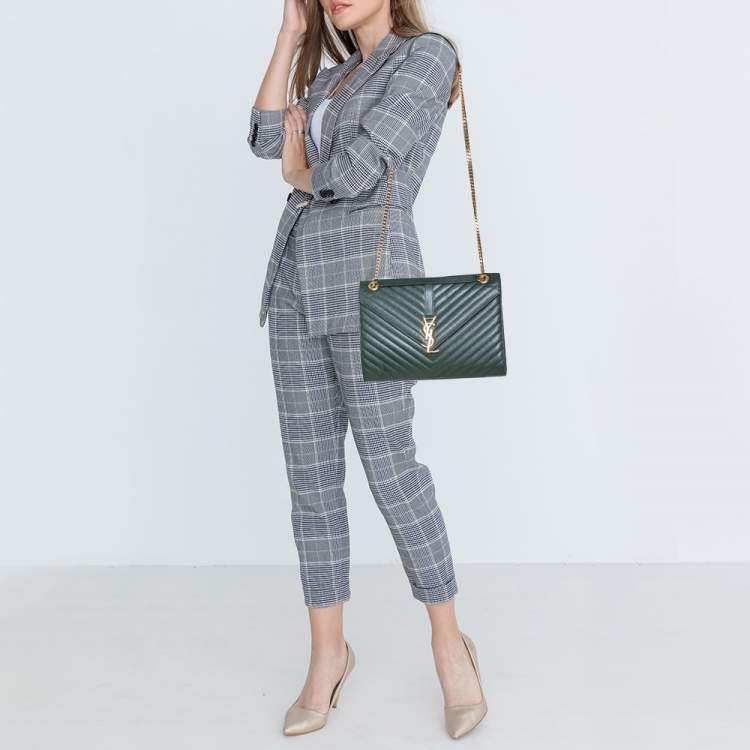 Pre Owned Saint Laurent Green Chevron Leather Medium Cassandre Flap Bag