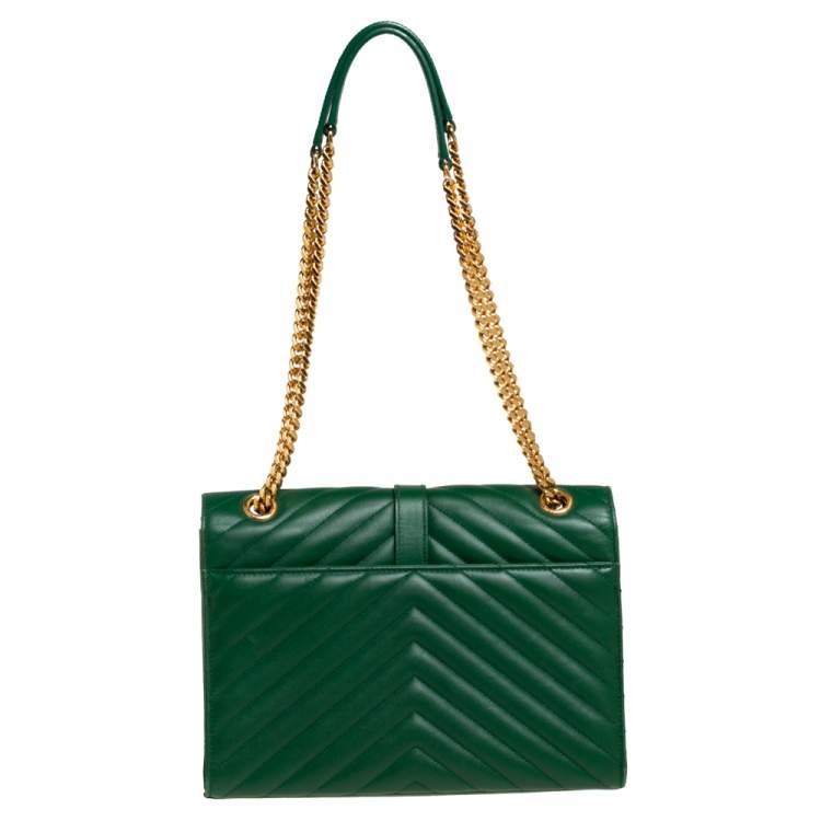 Pre Owned Saint Laurent Green Chevron Leather Medium Cassandre Flap Bag