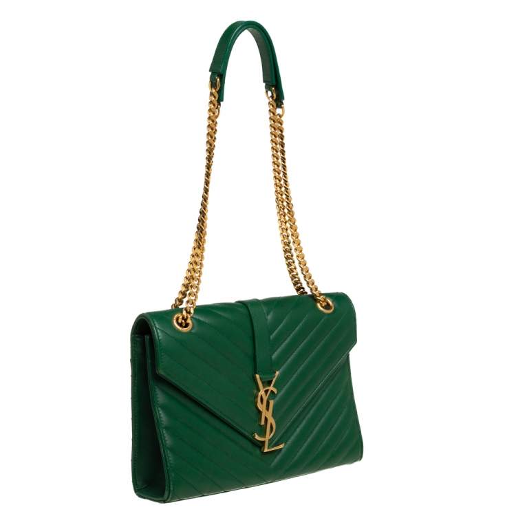 Pre Owned Saint Laurent Green Chevron Leather Medium Cassandre Flap Bag