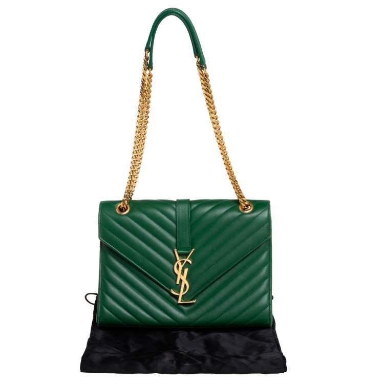 Pre Owned Saint Laurent Green Chevron Leather Medium Cassandre Flap Bag