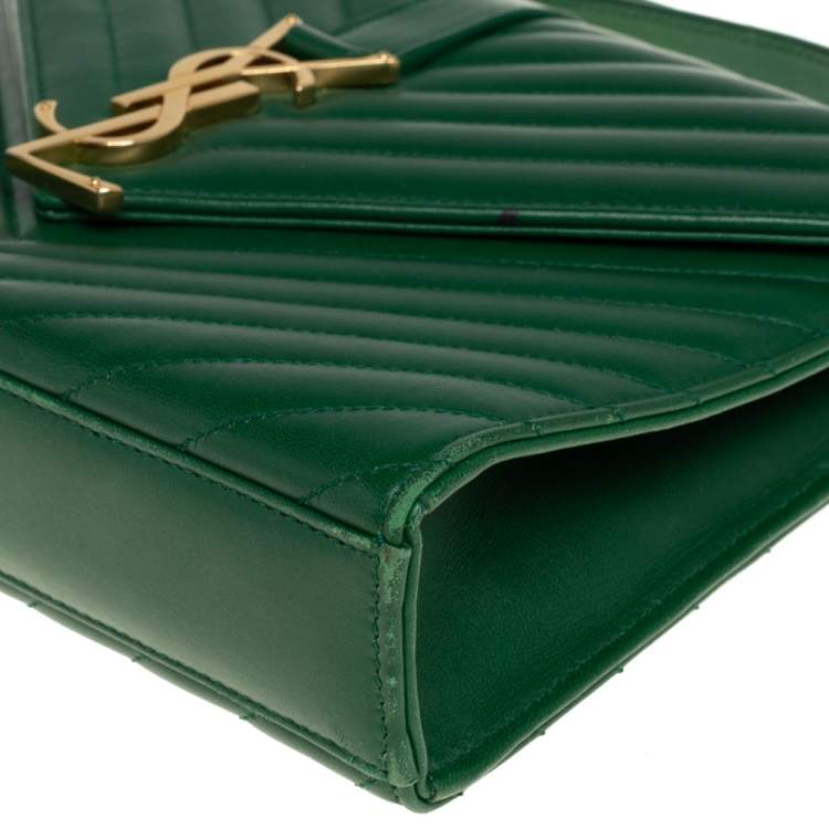 Pre Owned Saint Laurent Green Chevron Leather Medium Cassandre Flap Bag