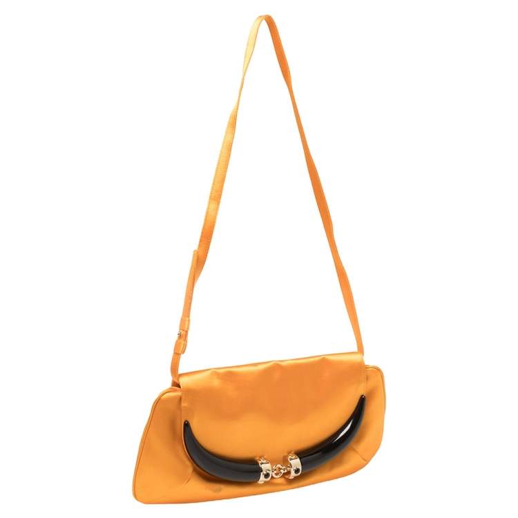 Pre Owned Yves Saint Laurent Orange Satin Horn Embellished Flap Shoulder Bag