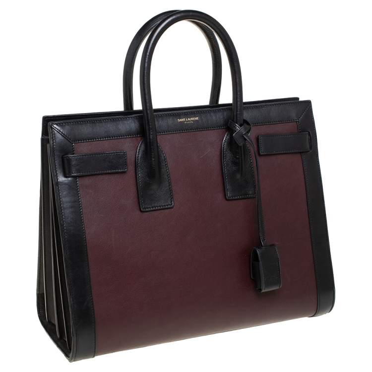 Pre Owned Saint Laurent Burgundy/Black Leather Small Classic Sac De Jour Tote