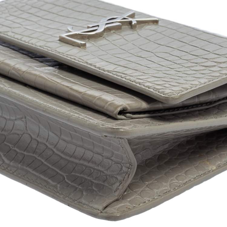 Pre Owned Saint Laurent Grey Croc Embossed Leather Mini Sunset Chain Bag