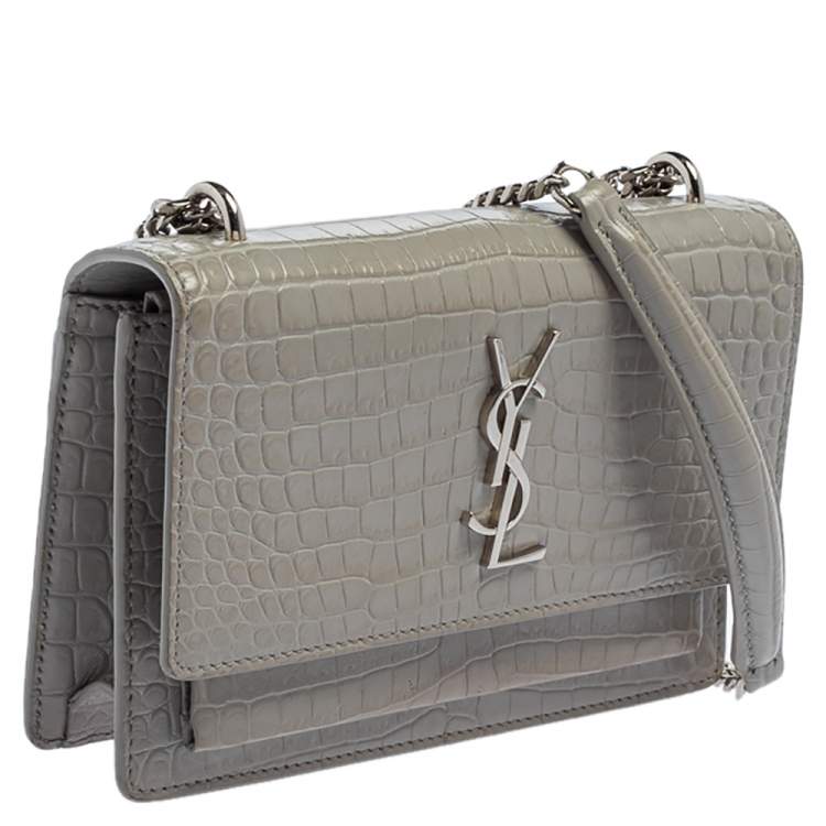 Pre Owned Saint Laurent Grey Croc Embossed Leather Mini Sunset Chain Bag