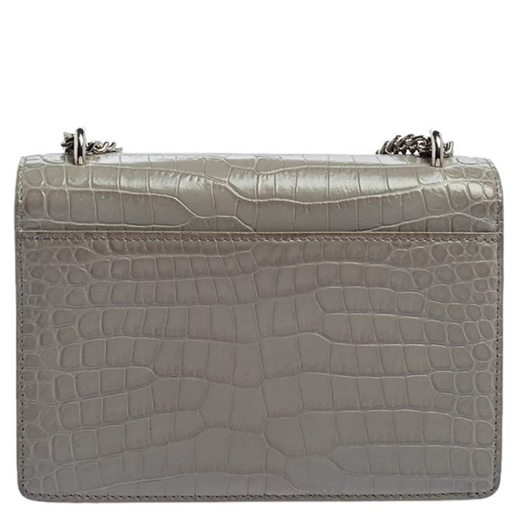 Pre Owned Saint Laurent Grey Croc Embossed Leather Mini Sunset Chain Bag