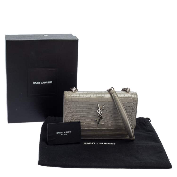 Pre Owned Saint Laurent Grey Croc Embossed Leather Mini Sunset Chain Bag