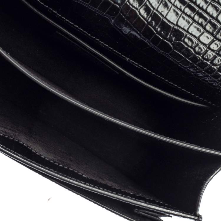 Pre Owned Saint Laurent Black Shiny Croc Embossed Leather Medium Sunset Shoulder Bag