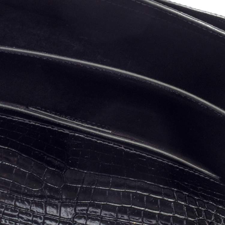 Pre Owned Saint Laurent Black Shiny Croc Embossed Leather Medium Sunset Shoulder Bag