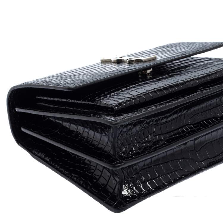 Pre Owned Saint Laurent Black Shiny Croc Embossed Leather Medium Sunset Shoulder Bag