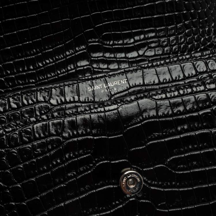 Pre Owned Saint Laurent Black Shiny Croc Embossed Leather Medium Sunset Shoulder Bag