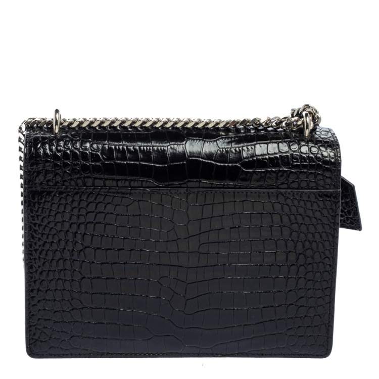 Pre Owned Saint Laurent Black Shiny Croc Embossed Leather Medium Sunset Shoulder Bag