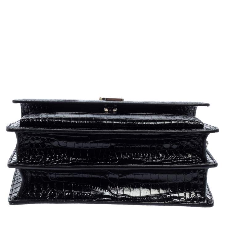 Pre Owned Saint Laurent Black Shiny Croc Embossed Leather Medium Sunset Shoulder Bag