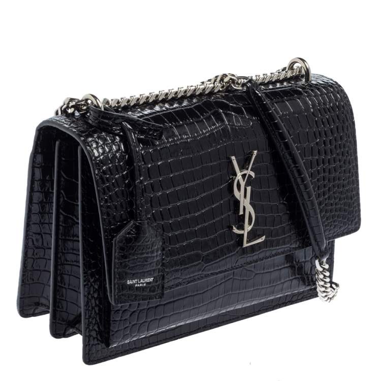 Pre Owned Saint Laurent Black Shiny Croc Embossed Leather Medium Sunset Shoulder Bag