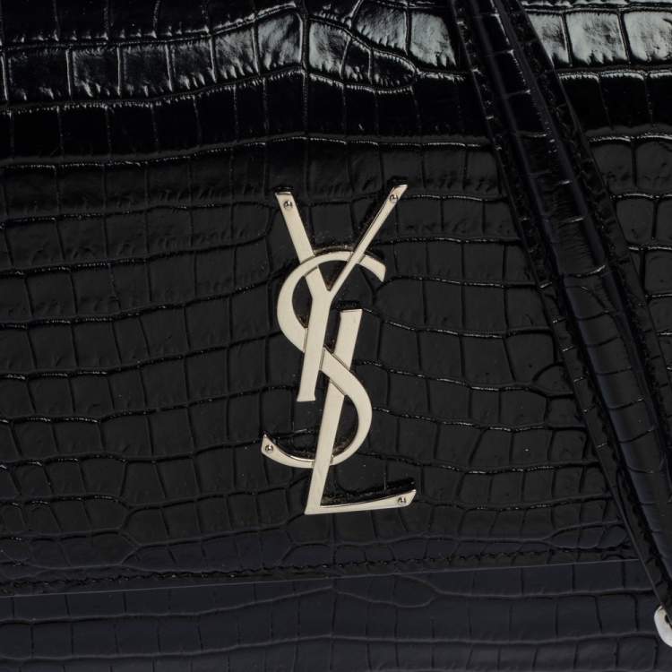 Pre Owned Saint Laurent Black Shiny Croc Embossed Leather Medium Sunset Shoulder Bag