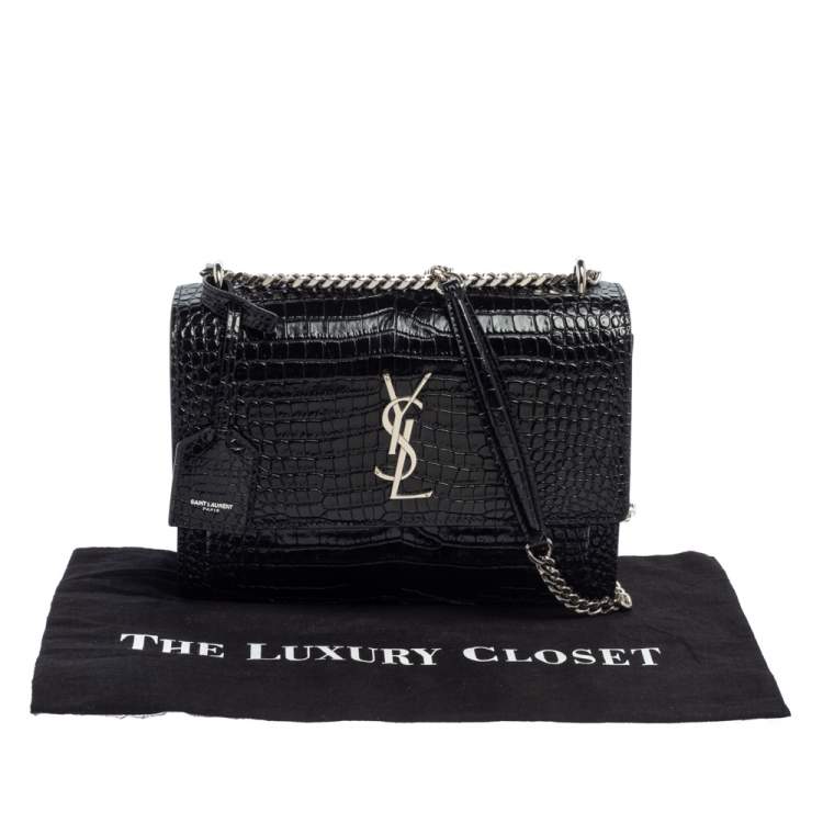 Pre Owned Saint Laurent Black Shiny Croc Embossed Leather Medium Sunset Shoulder Bag