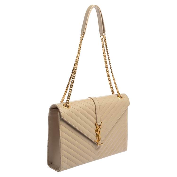 Pre Owned Saint Laurent Beige Matelasse Leather Large Cassandre Flap Bag