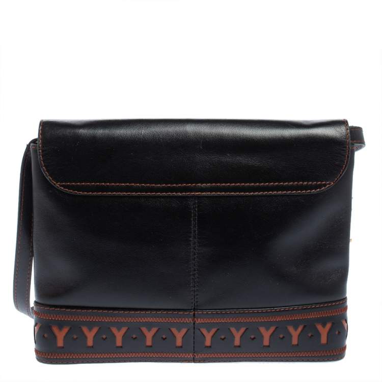 مملوكة مسبقًا Yves Saint Laurent Black/Brown Leather Vintage Logo Letters Shoulder Bag