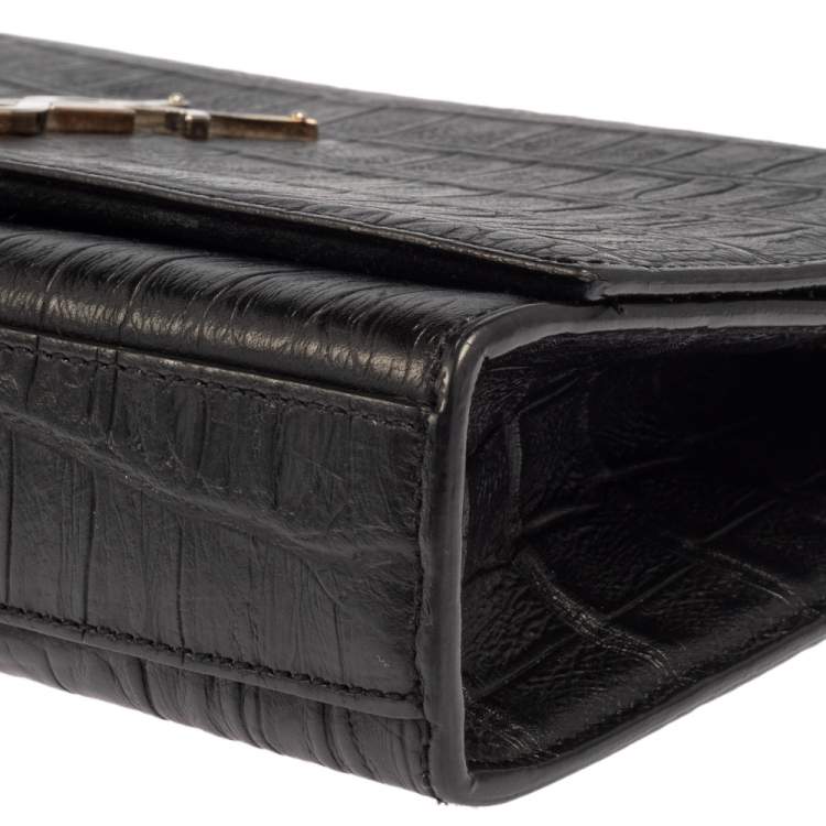 Pre Owned Saint Laurent Black Croc Embossed Leather Medium Kate Tassel Shoulder Bag