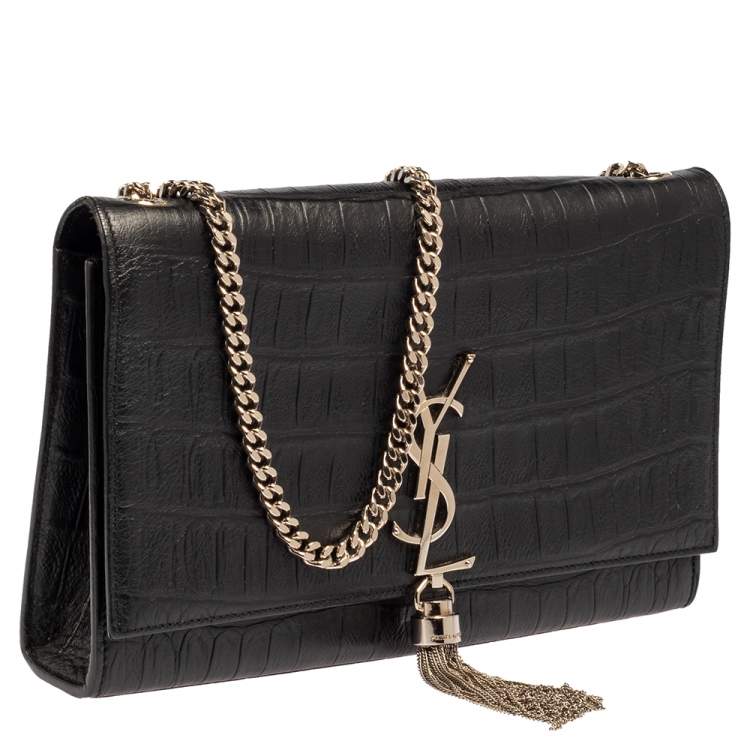 Pre Owned Saint Laurent Black Croc Embossed Leather Medium Kate Tassel Shoulder Bag