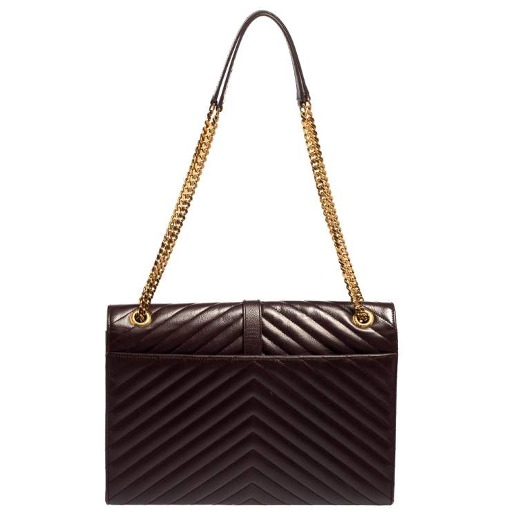 Pre Owned Saint Laurent Burgundy Chevron Quilted Leather Monogram Envelope Shoulder Bag