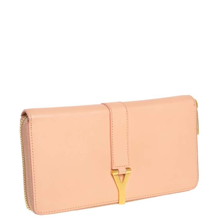مملوكة مسبقًا Saint Laurent Peach Leather Y-Ligne Zip Around Wallet