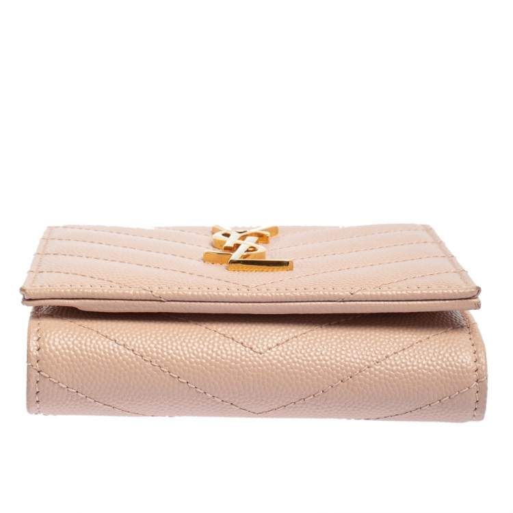 Pre Owned Saint Laurent Nude Pink Matelassé Leather Monogram Trifold Wallet