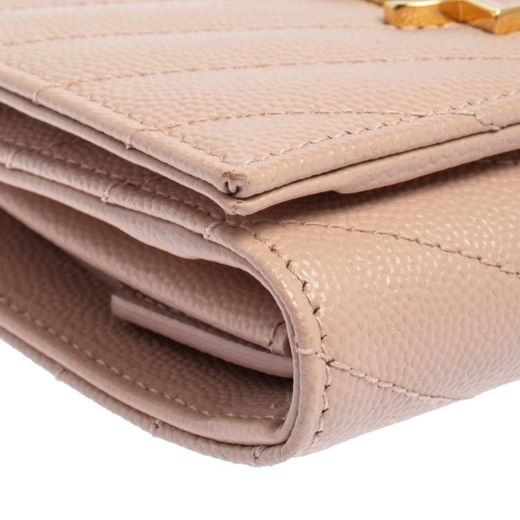 Pre Owned Saint Laurent Nude Pink Matelassé Leather Monogram Trifold Wallet
