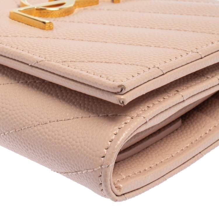 Pre Owned Saint Laurent Nude Pink Matelassé Leather Monogram Trifold Wallet