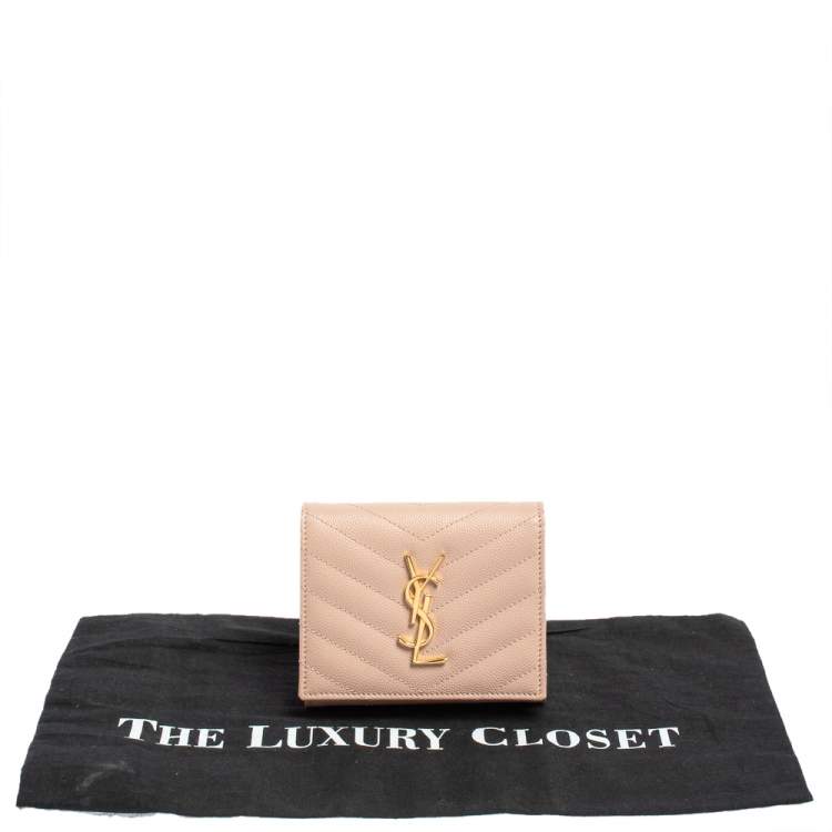 Pre Owned Saint Laurent Nude Pink Matelassé Leather Monogram Trifold Wallet