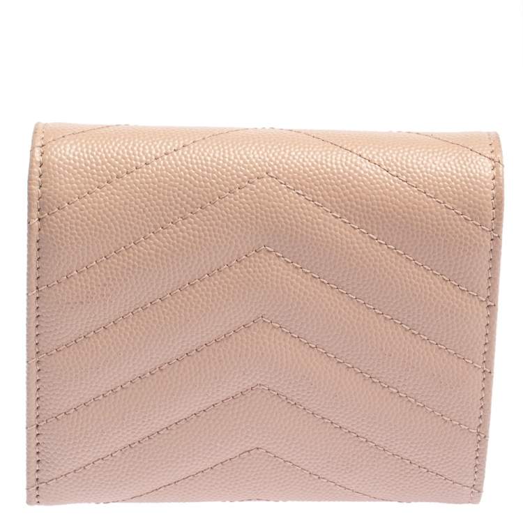 Pre Owned Saint Laurent Nude Pink Matelassé Leather Monogram Trifold Wallet