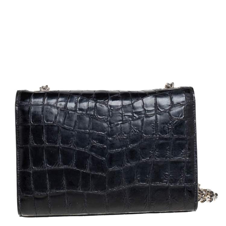 Pre Owned Saint Laurent Black Croc Embossed Leather Small Kate Tassel Crossbody Bag
