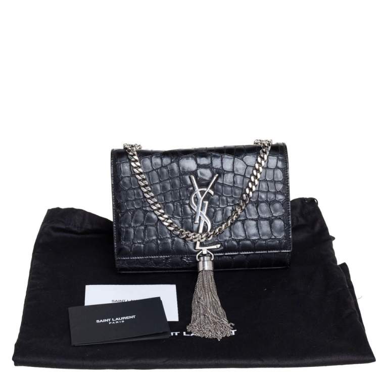 Pre Owned Saint Laurent Black Croc Embossed Leather Small Kate Tassel Crossbody Bag