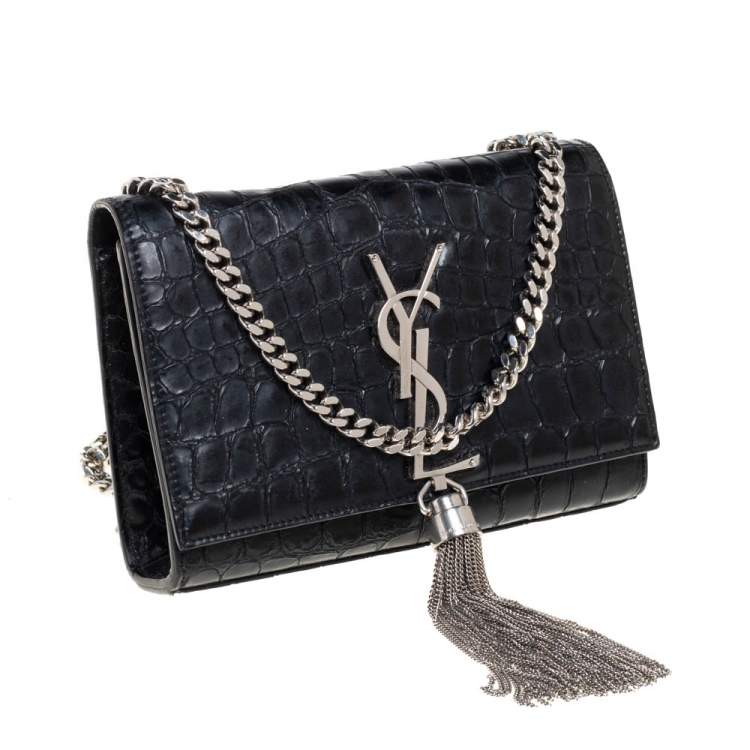 Pre Owned Saint Laurent Black Croc Embossed Leather Small Kate Tassel Crossbody Bag