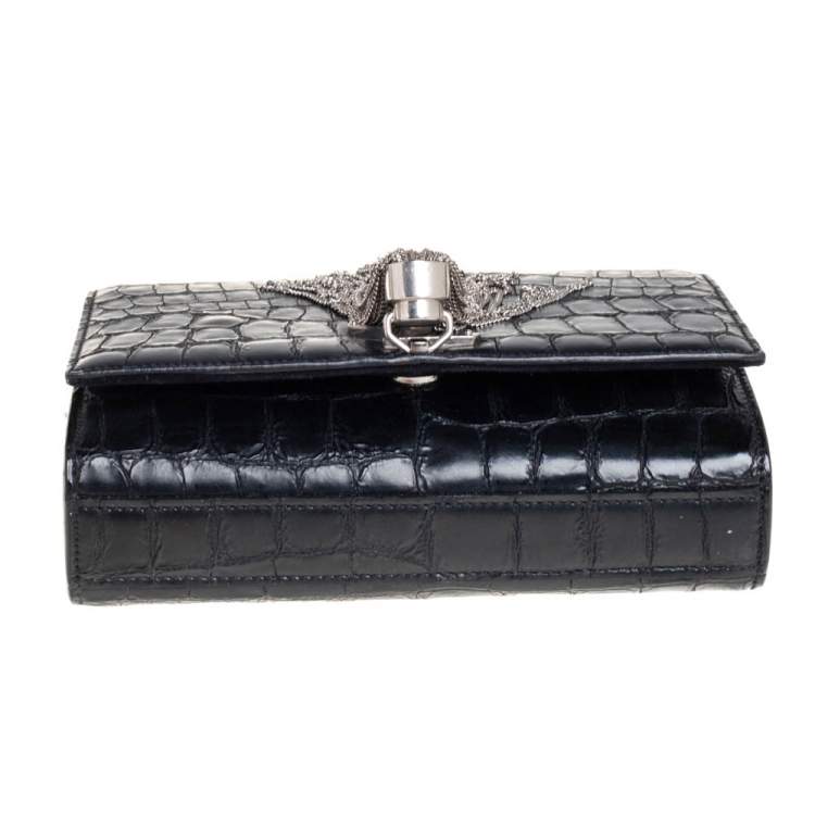 Pre Owned Saint Laurent Black Croc Embossed Leather Small Kate Tassel Crossbody Bag