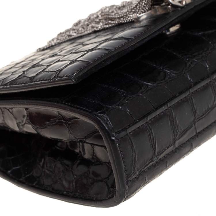 Pre Owned Saint Laurent Black Croc Embossed Leather Small Kate Tassel Crossbody Bag