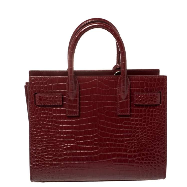 Pre Owned Saint Laurent Burgundy Croc Embossed Leather Nano Classic Sac De Jour Tote