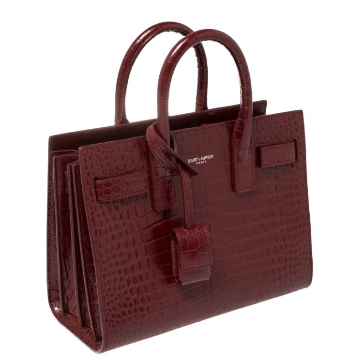 Pre Owned Saint Laurent Burgundy Croc Embossed Leather Nano Classic Sac De Jour Tote