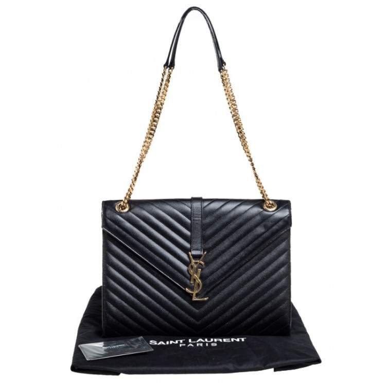Pre Owned Saint Laurent Black Chevron Quilted Leather Monogram Envelope Shoulder Bag