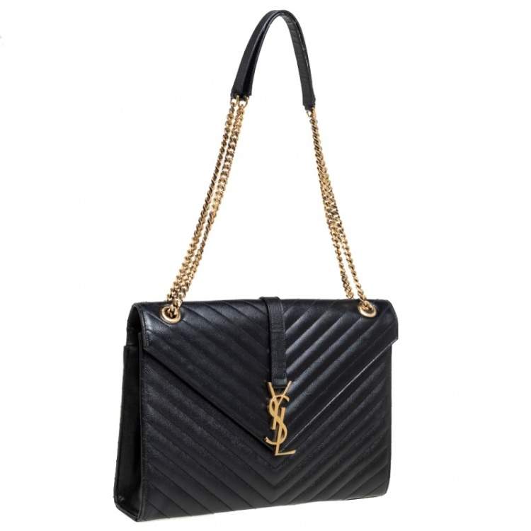 Pre Owned Saint Laurent Black Chevron Quilted Leather Monogram Envelope Shoulder Bag