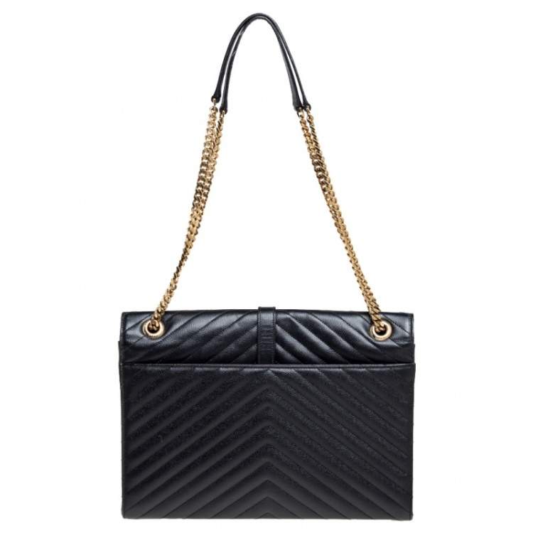 Pre Owned Saint Laurent Black Chevron Quilted Leather Monogram Envelope Shoulder Bag