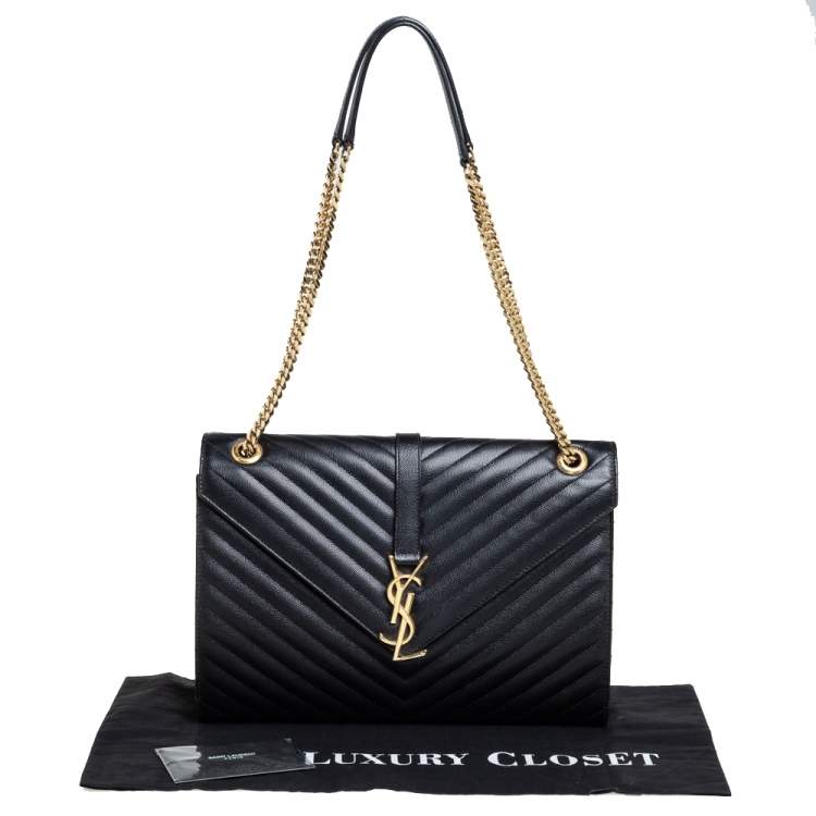 Pre Owned Saint Laurent Black Chevron Quilted Leather Monogram Envelope Shoulder Bag