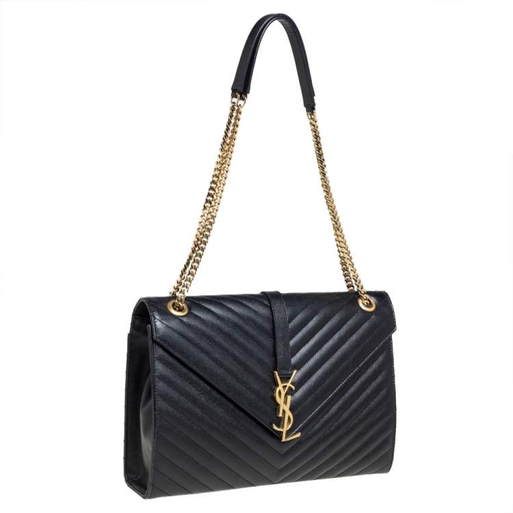 Pre Owned Saint Laurent Black Chevron Quilted Leather Monogram Envelope Shoulder Bag
