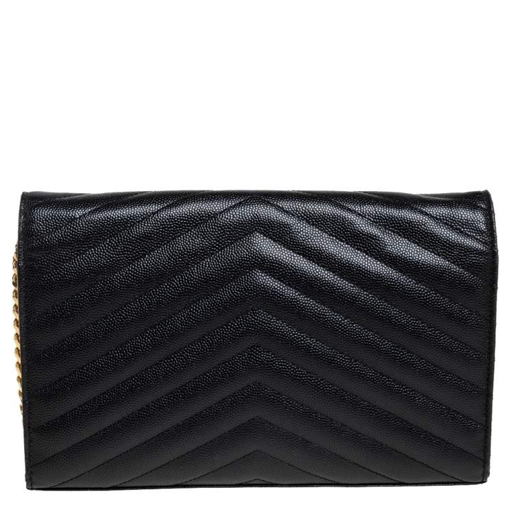 Pre Owned Saint Laurent Black Matelasse Leather Monogram Envelope Wallet on Chain